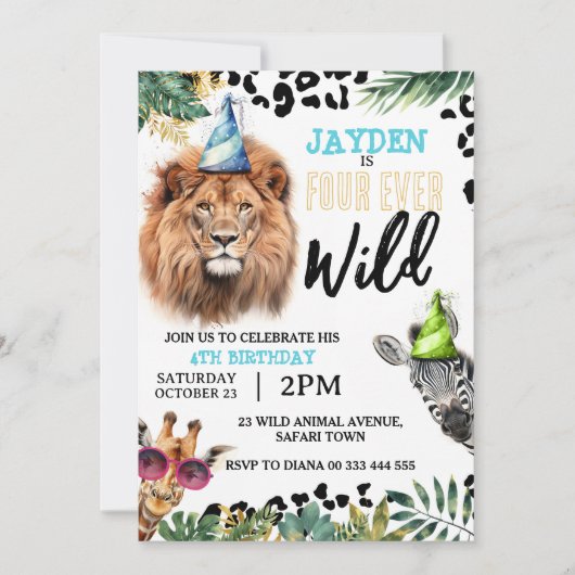 Safari Oerwoud Dieren 4e Vier-Ever Wild Birthday Kaart (Voorkant)
