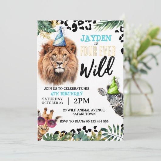 Safari Oerwoud Dieren 4e Vier-Ever Wild Birthday Kaart (Staand voorkant)