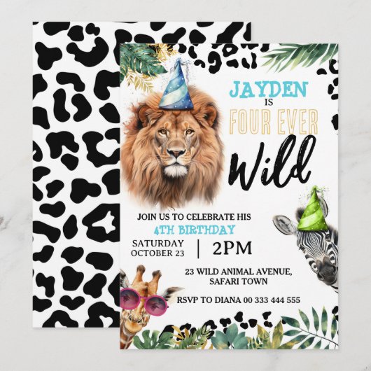 Safari Oerwoud Dieren 4e Vier-Ever Wild Birthday Kaart (Voorkant / Achterkant)