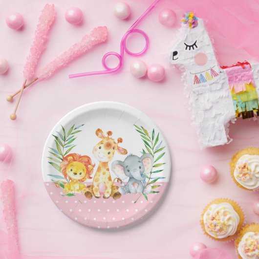 Safari Oerwoud Dieren Baby shower Roze Papier Bord (Feest)