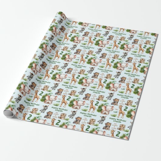 Safari Oerwoud Dieren Blauw Groen 2e Verjaardagsna Cadeaupapier (Uitgerold)
