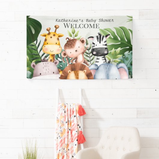 Safari Oerwoud Dieren Boy Tropisch Baby shower Spandoek (Insitu)