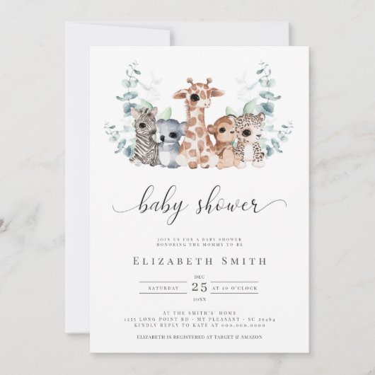 Safari Oerwoud Dieren Eucalyptus Baby shower Uitno Kaart (Voorkant)