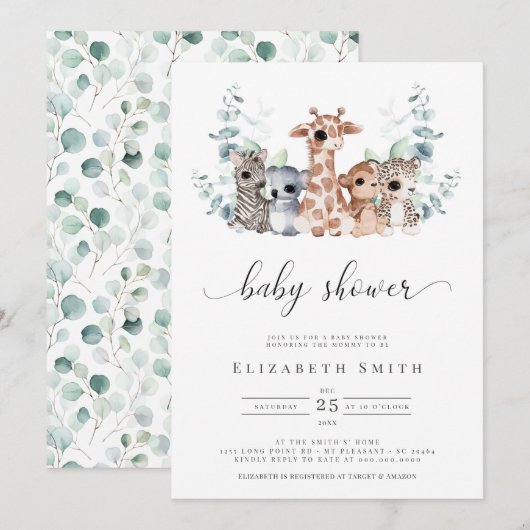 Safari Oerwoud Dieren Eucalyptus Baby shower Uitno Kaart (Voorkant / Achterkant)