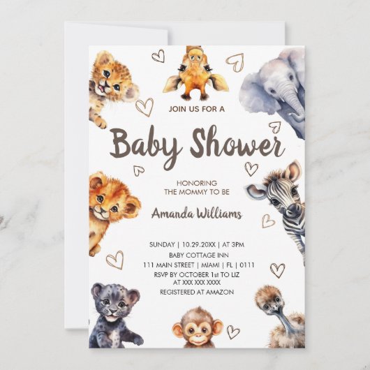 Safari Oerwoud Dieren & Harten Modern Baby shower Kaart (Voorkant)
