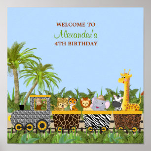 Safari Oerwoud Dieren in Train Birthday Poster
