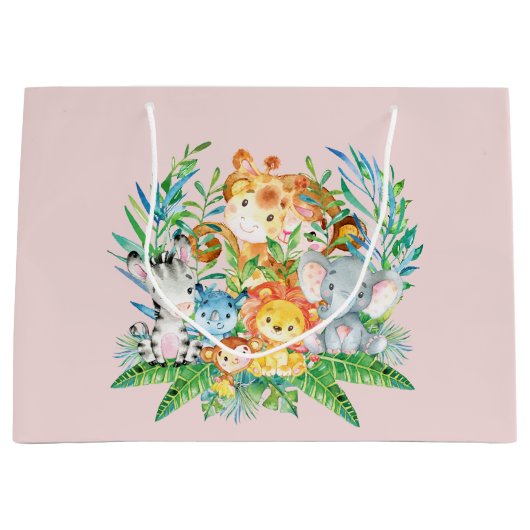 safari Oerwoud Dieren Meisjes Baby shower Gift Bag Large Cadeautasje (Voorkant)