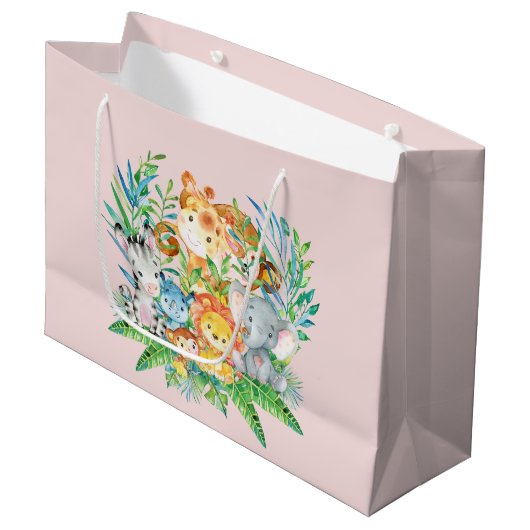 safari Oerwoud Dieren Meisjes Baby shower Gift Bag Large Cadeautasje (Voorkant Gekanteld)