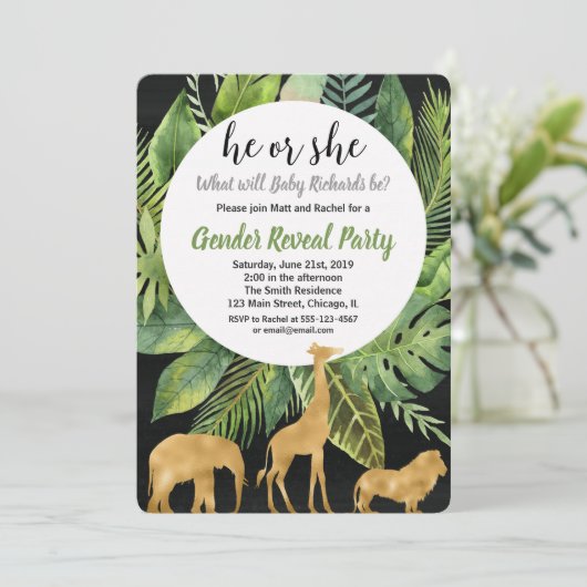 Safari oerwoud dieren onthullen genderuitnodiging kaart (Staand voorkant)