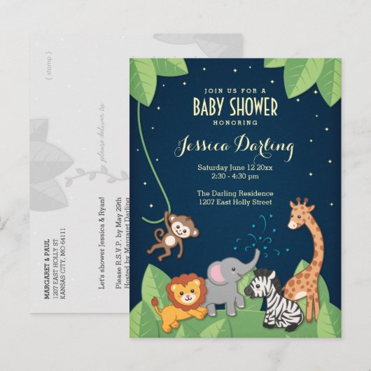Safari Oerwoud Dieren Schattig Baby shower Uitnodiging Briefkaart (Voorkant / Achterkant)