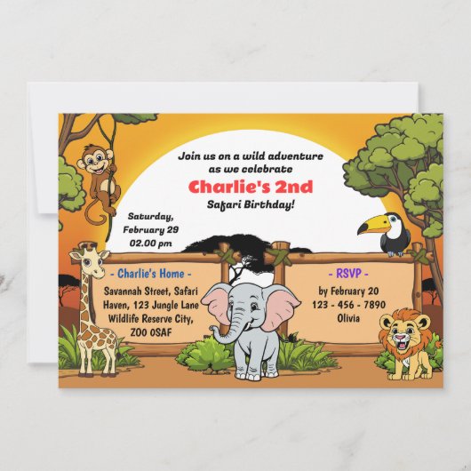 Safari Oerwoud Dieren Schattigee Cartoon Verjaarda Kaart (Voorkant)