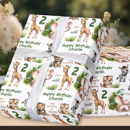 Safari Oerwoud Dieren Twee Wilde 2e Verjaardagsnaa Cadeaupapier