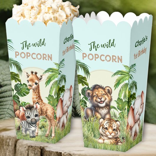 Safari Oerwoud Dieren Wild 1e Verjaardag Popcorn Bedankdoosjes