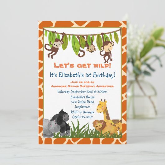 Safari Oerwoud Dierenthema Verjaardagsfeest Uitnod Kaart (Staand voorkant)