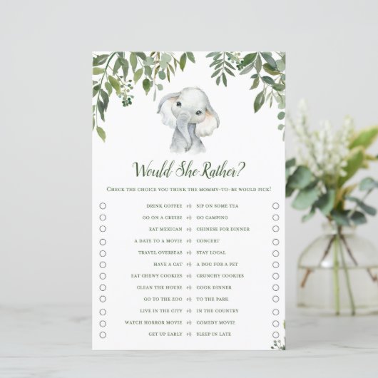 Safari Oerwoud Elephant Baby shower Game PRINED (Staand voorkant)