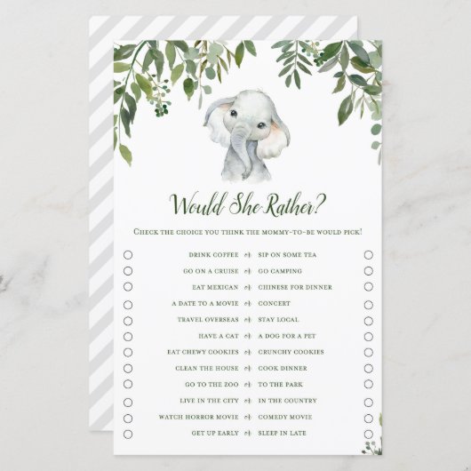 Safari Oerwoud Elephant Baby shower Game PRINED (Voorkant / Achterkant)