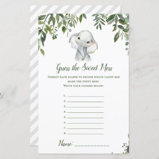 Safari Oerwoud Elephant Baby shower Game PRINED (Voorkant / Achterkant)