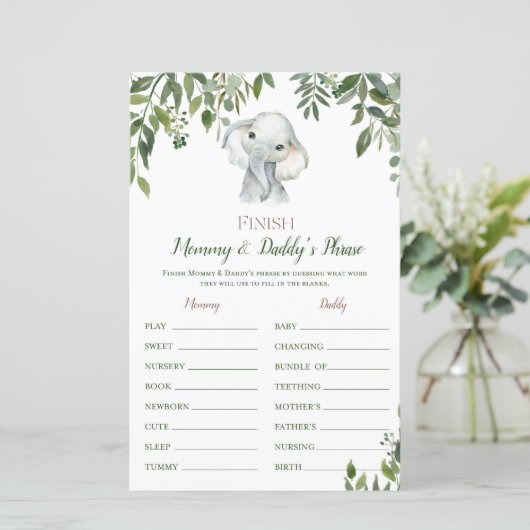 Safari Oerwoud Elephant Baby shower Game PRINED (Staand voorkant)