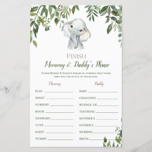 Safari Oerwoud Elephant Baby shower Game PRINED (Voorkant)