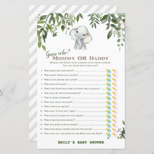 Safari Oerwoud Elephant Baby shower Game PRINED (Voorkant / Achterkant)