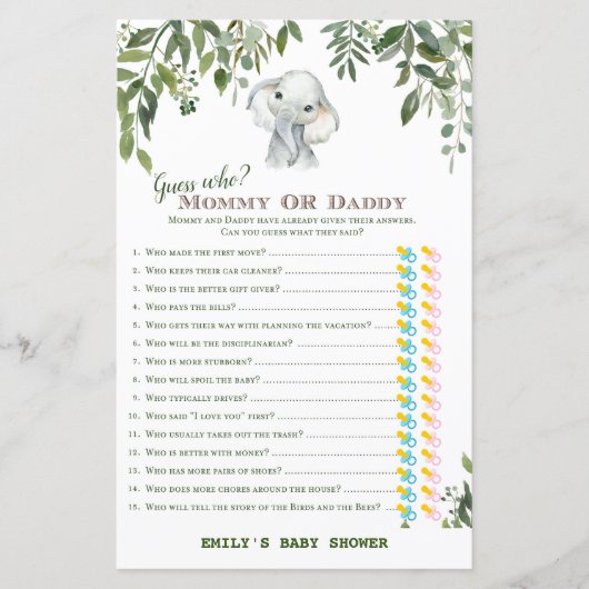 Safari Oerwoud Elephant Baby shower Game PRINED (Voorkant)