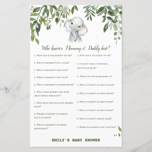 Safari Oerwoud Elephant Baby shower Game PRINED (Voorkant)
