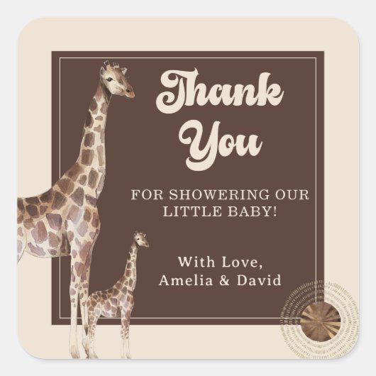 Safari Oerwoud Giraffe Baby shower Dank u Vierkante Sticker (Voorkant)