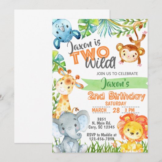 Safari Oerwoud jongen 2e verjaardag uitnodiging. Kaart (Voorkant / Achterkant)
