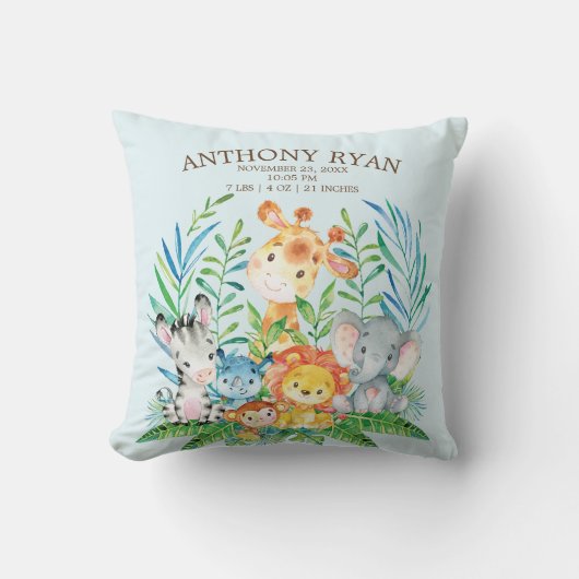 Safari Oerwoud Jongens Geboorte Stats Kussen (Voorkant)