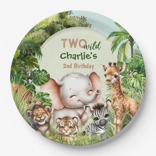 Safari Oerwoud Leuke Dieren Twee Wilde 2e Verjaard Papieren Bordje (Voorkant)
