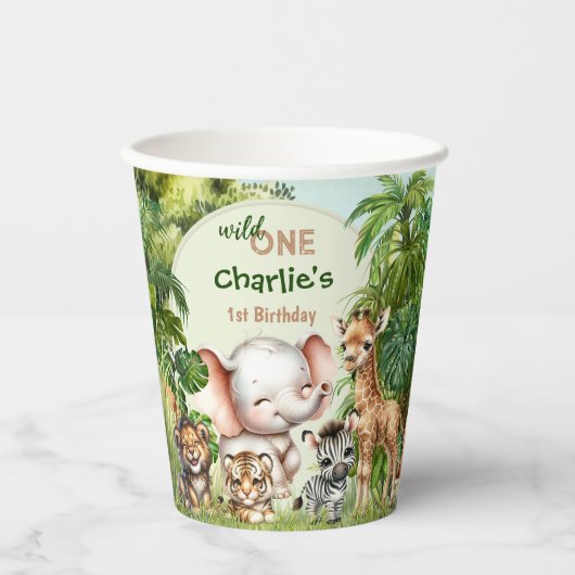 Safari Oerwoud Leuke Dieren Wild Een 1e Verjaardag Papieren Bekers (Voorkant)
