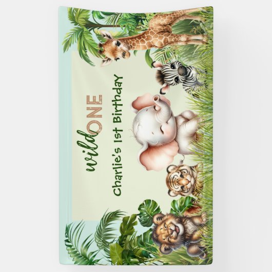 Safari Oerwoud Leuke Dieren Wild Een 1e Verjaardag Spandoek (Verticaal)