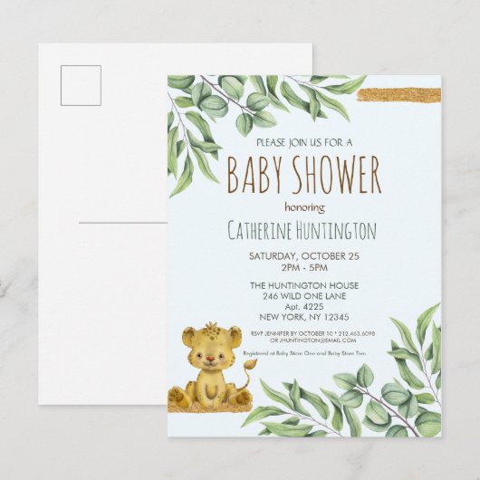Safari Oerwoud Lion Modern Baby shower Uitnodiging (Voorkant / Achterkant)