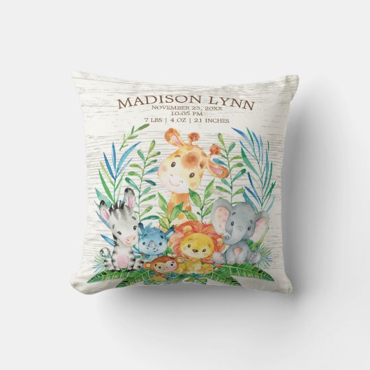 Safari Oerwoud Meisje Geboorte Stats Kussen (Voorkant)