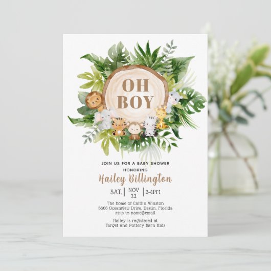 Safari Oerwoud Oh Boy Waterverf Baby shower Kaart (Staand voorkant)
