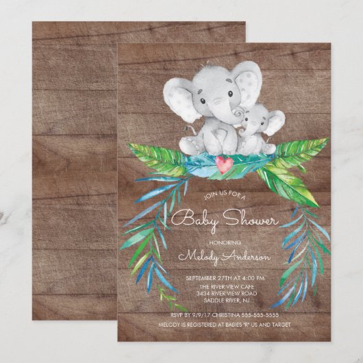 Safari Oerwoud Olifant Boys Baby shower Uitnodigin Kaart (Voorkant / Achterkant)