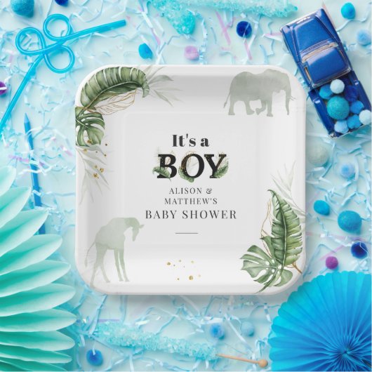 Safari Oerwoud Olifant Giraffe Boy Baby shower Papieren Bordje (Feest)