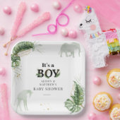 Safari Oerwoud Olifant Giraffe Boy Baby shower Papieren Bordje (Feest)