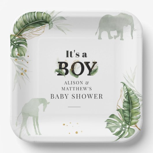 Safari Oerwoud Olifant Giraffe Boy Baby shower Papieren Bordje (Voorkant)