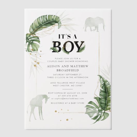 Safari Oerwoud Olifant Giraffe Boy Baby shower Vellum Uitnodigingen (Voorkant)