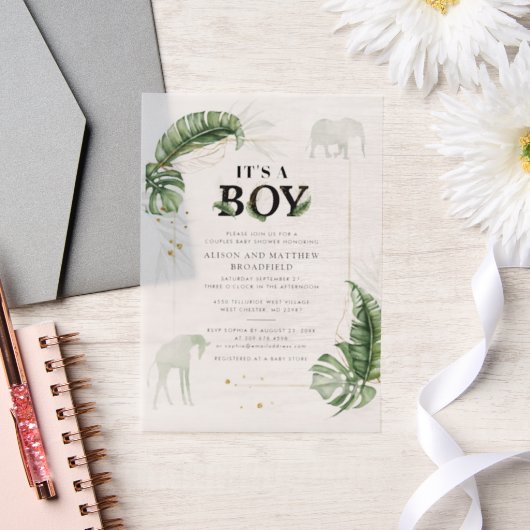 Safari Oerwoud Olifant Giraffe Boy Baby shower Vellum Uitnodigingen (Huwelijk)