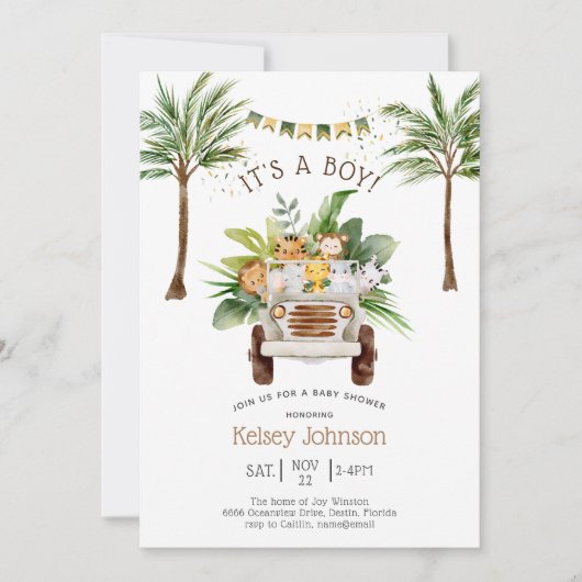 Safari Oerwoud Palm Trees Boy Baby shower Kaart (Voorkant)