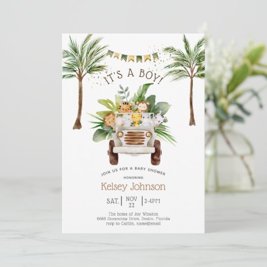 Safari Oerwoud Palm Trees Boy Baby shower Kaart (Staand voorkant)