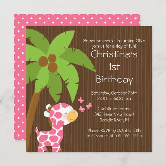 Safari Oerwoud Pink Giraffe Kind Birthday Party Kaart (Voorkant / Achterkant)
