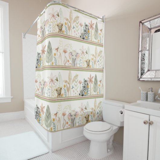 Safari Oerwoud Safari Lion Zebra Elephant Baby Boy Douchegordijn (In situ)