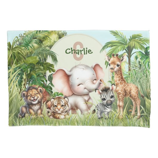 Safari Oerwoud Schattige Wilde Dieren Groen Blauw Kussensloop (Voorkant)