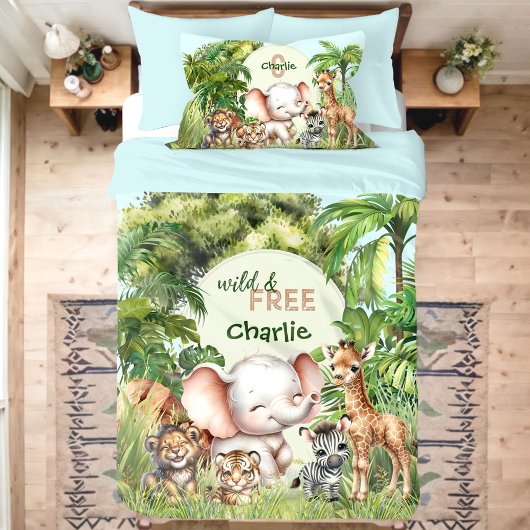 Safari Oerwoud Schattige Wilde Dieren Groen Blauw Kussensloop