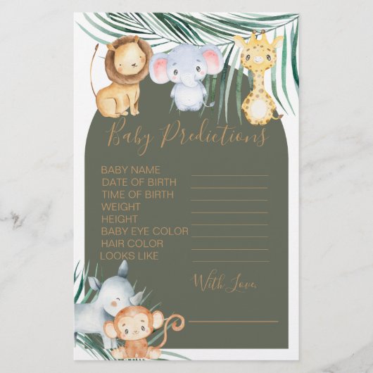 Safari Oerwoud Theme Baby shower Predictions Game (Voorkant)