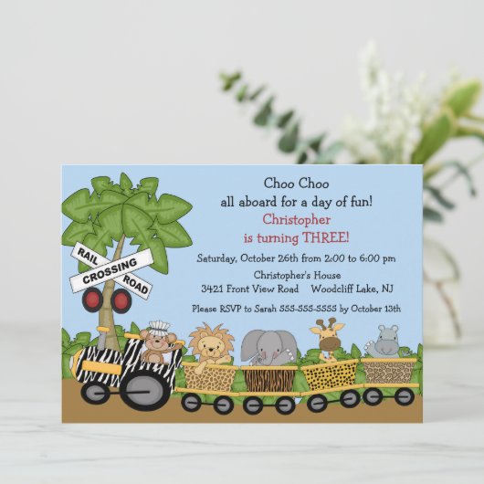 Safari Oerwoud Train Birthday Uitnodiging (Staand voorkant)