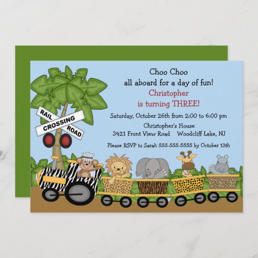 Safari Oerwoud Train Birthday Uitnodiging (Voorkant / Achterkant)
